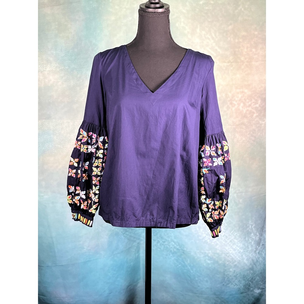 Maeve Anthropologie Sonja Navy Embroidered Puff Sleeve Cotton Blouse Top Sz 10